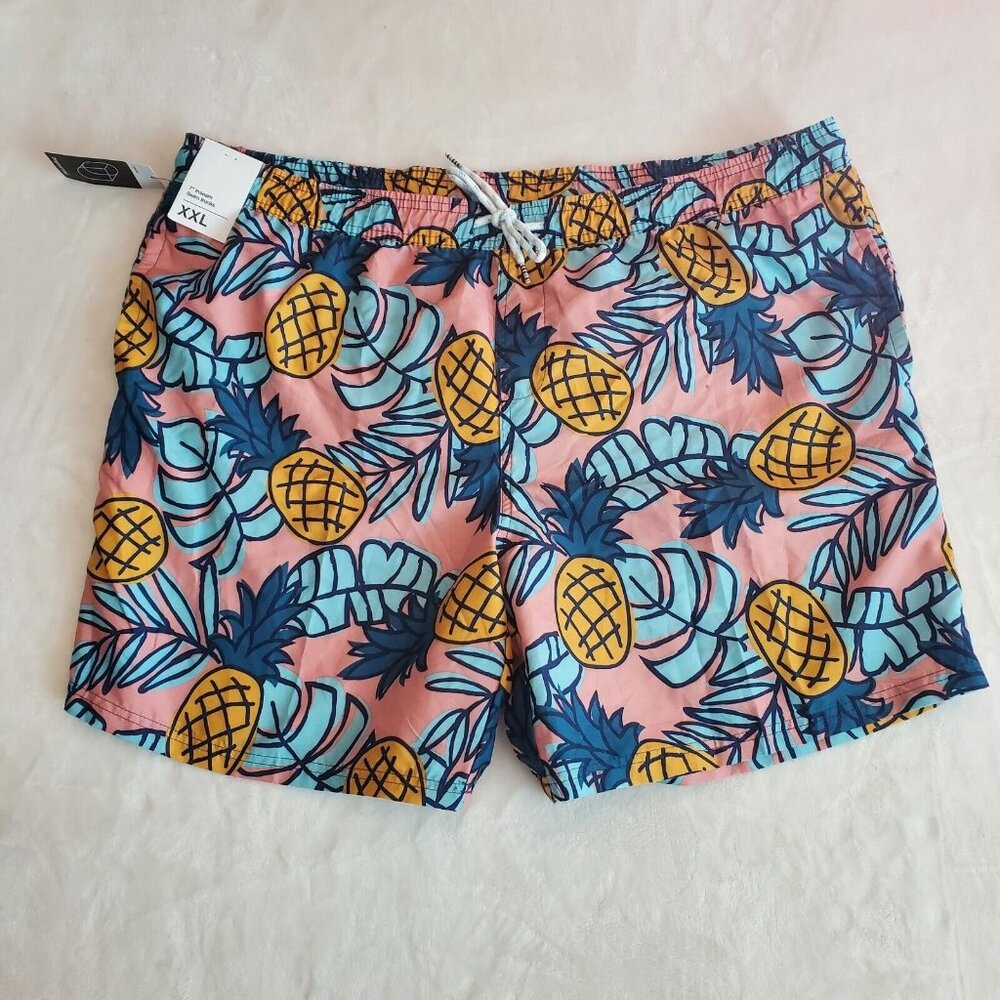NEW Men Swim Trunks 7"‎ Swim Trunks Shorts Pineapple Coral XXL